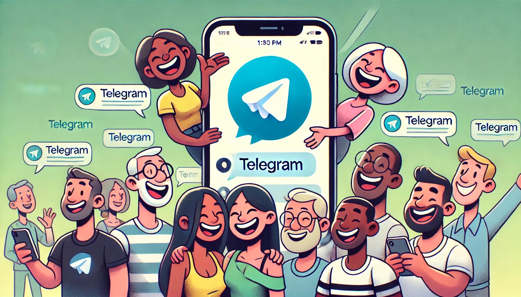 DALL·E 2025-03-06 15.09.38 - A cartoon illustration showing a group of diverse people happily chatting on Telegram. The background is simple, with a focus on the characters and th_proc.jpg